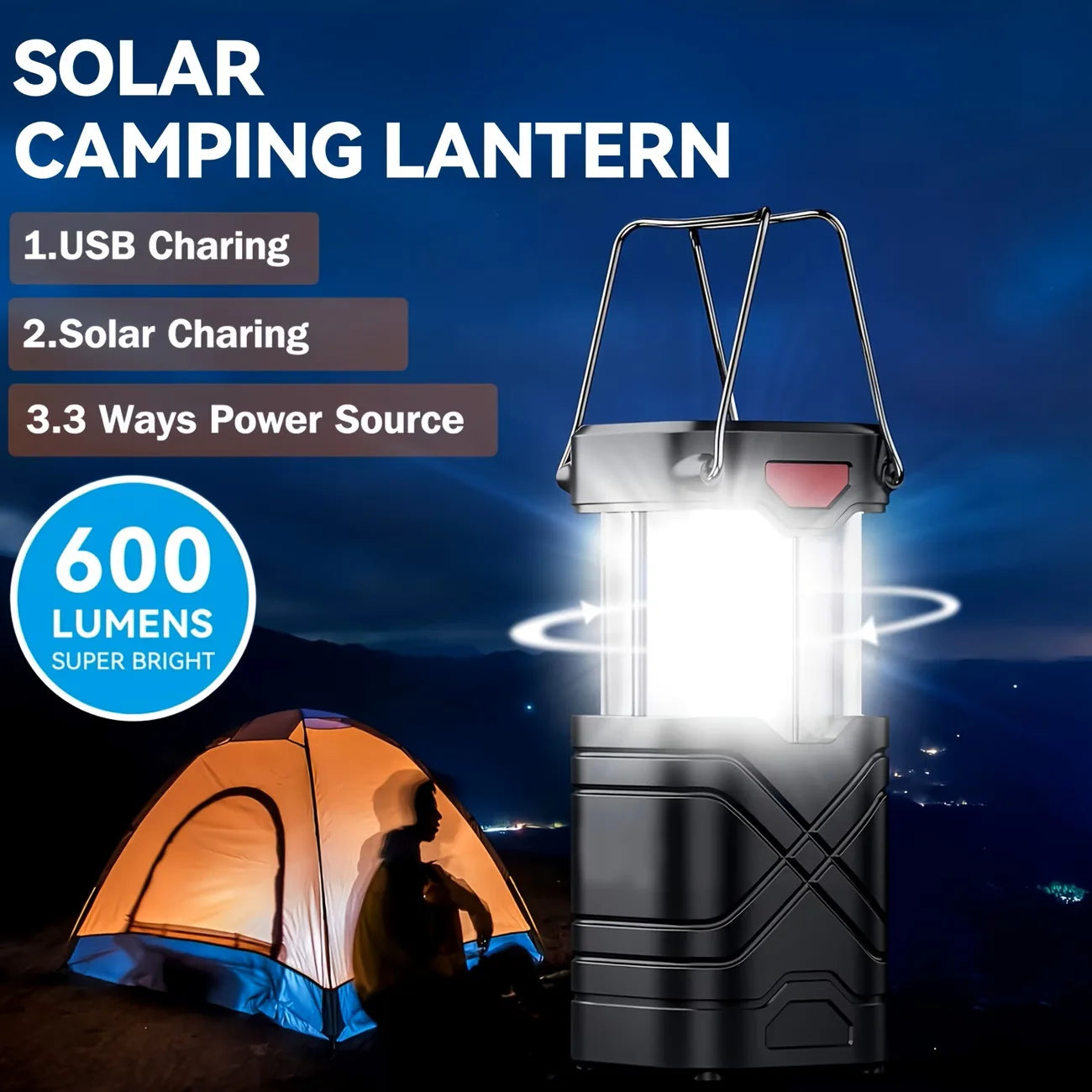 Solar Camping Lantern Rechargeable LED USB C Solar Powered