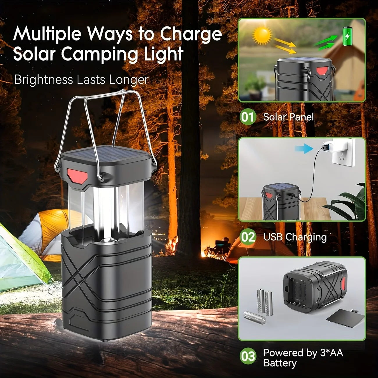 Solar Camping Lantern Rechargeable LED USB C Solar Powered