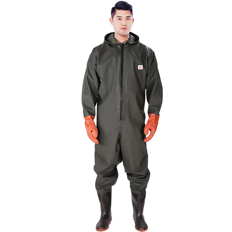 Men's Hooded Wader Waterproof Overalls With Boots And Gloves Set