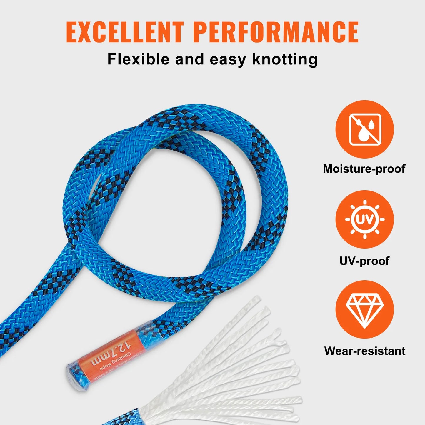 VEVOR Static Climbing Rope 30kN Breaking Strength Steel Snap Hooks
