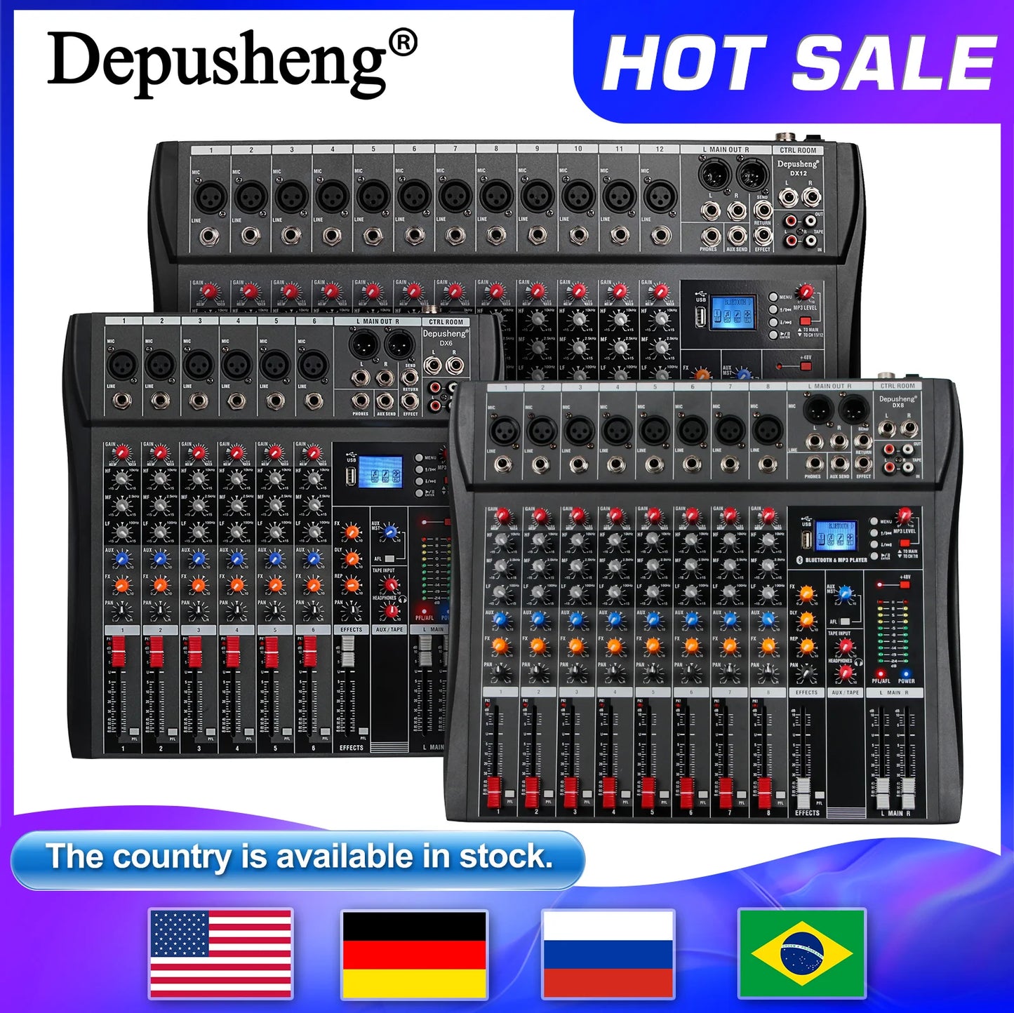 DEPUSHENG 6/8/12 Channel Professional Audio Mixer USB MP3 DJ Console