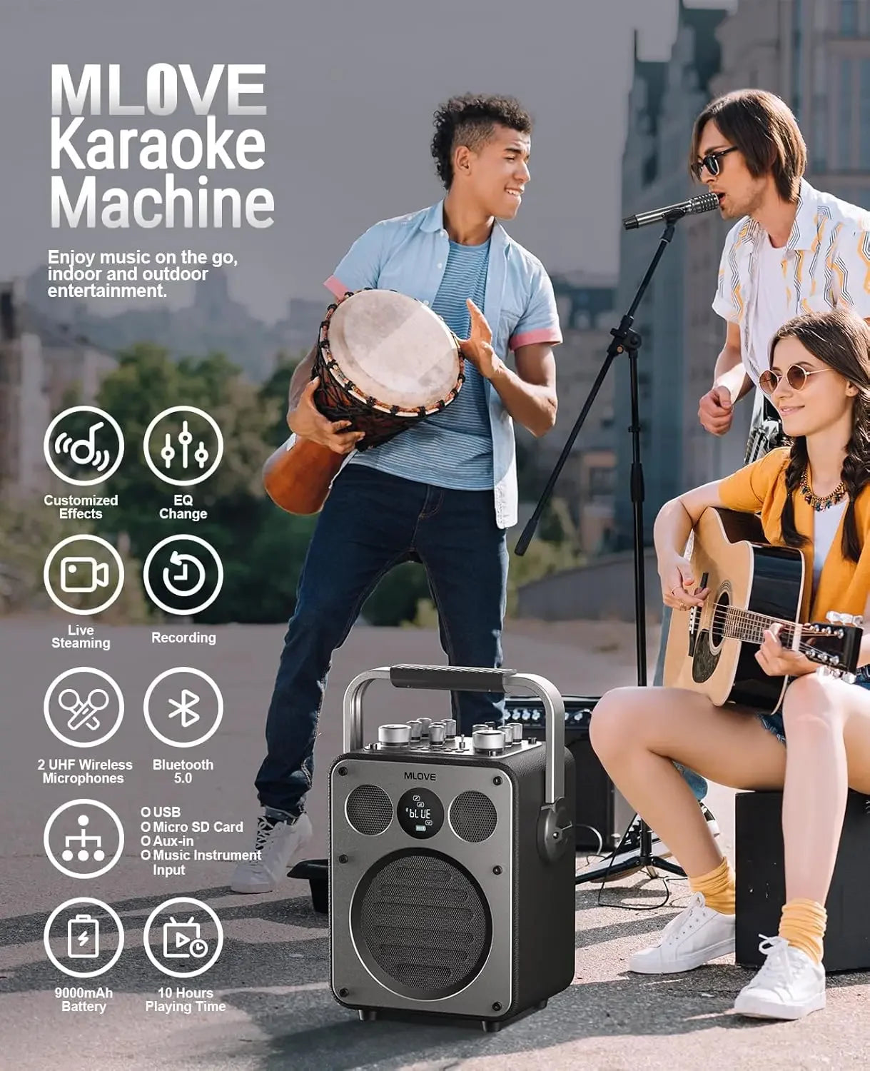 MLOVE D5 Karaoke System With Bluetooth And 2 Wireless Microphones