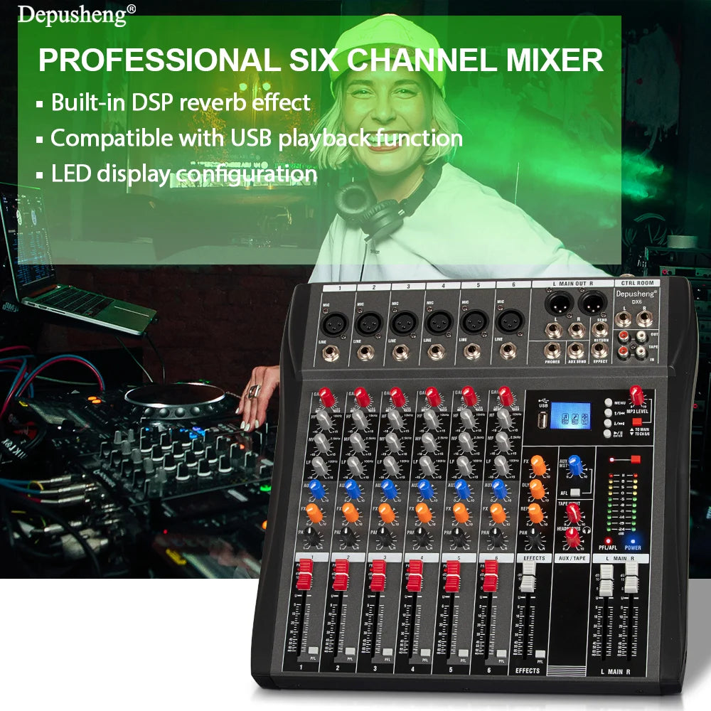 DEPUSHENG 6/8/12 Channel Professional Audio Mixer USB MP3 DJ Console