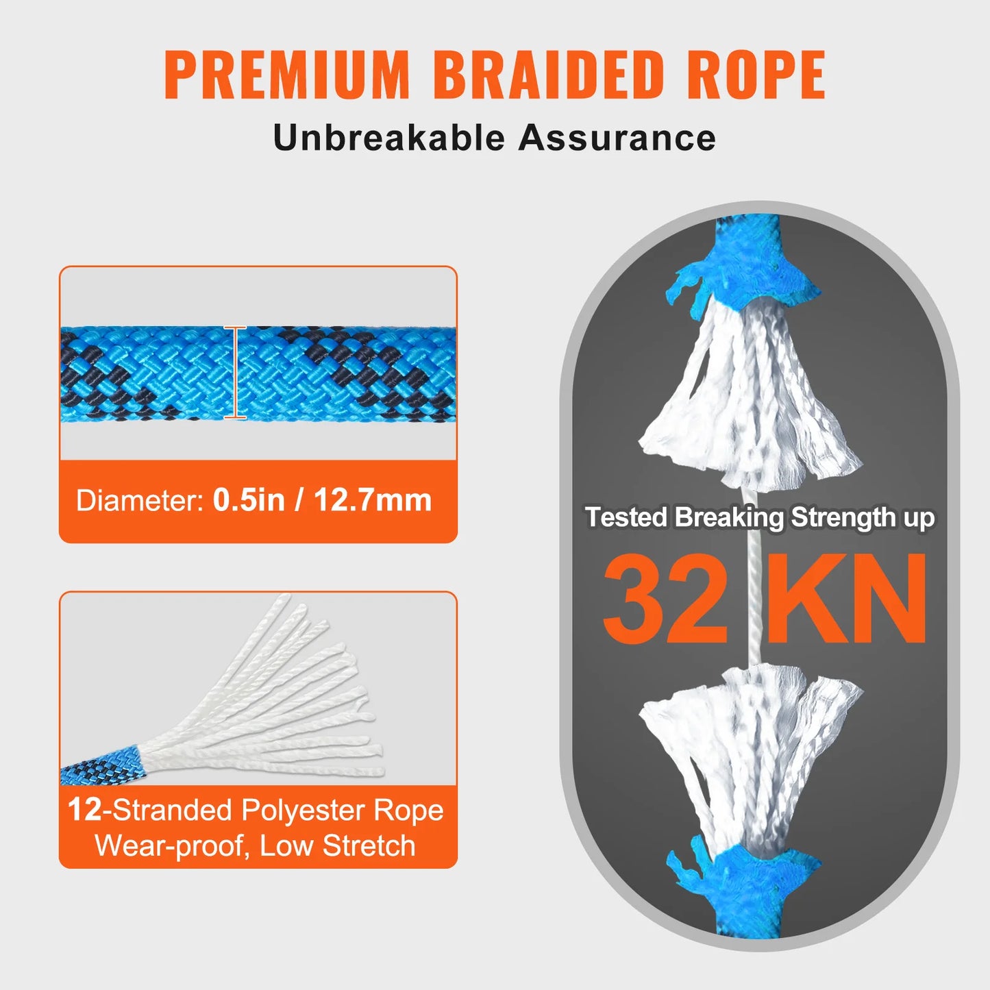 VEVOR Static Climbing Rope 30kN Breaking Strength Steel Snap Hooks
