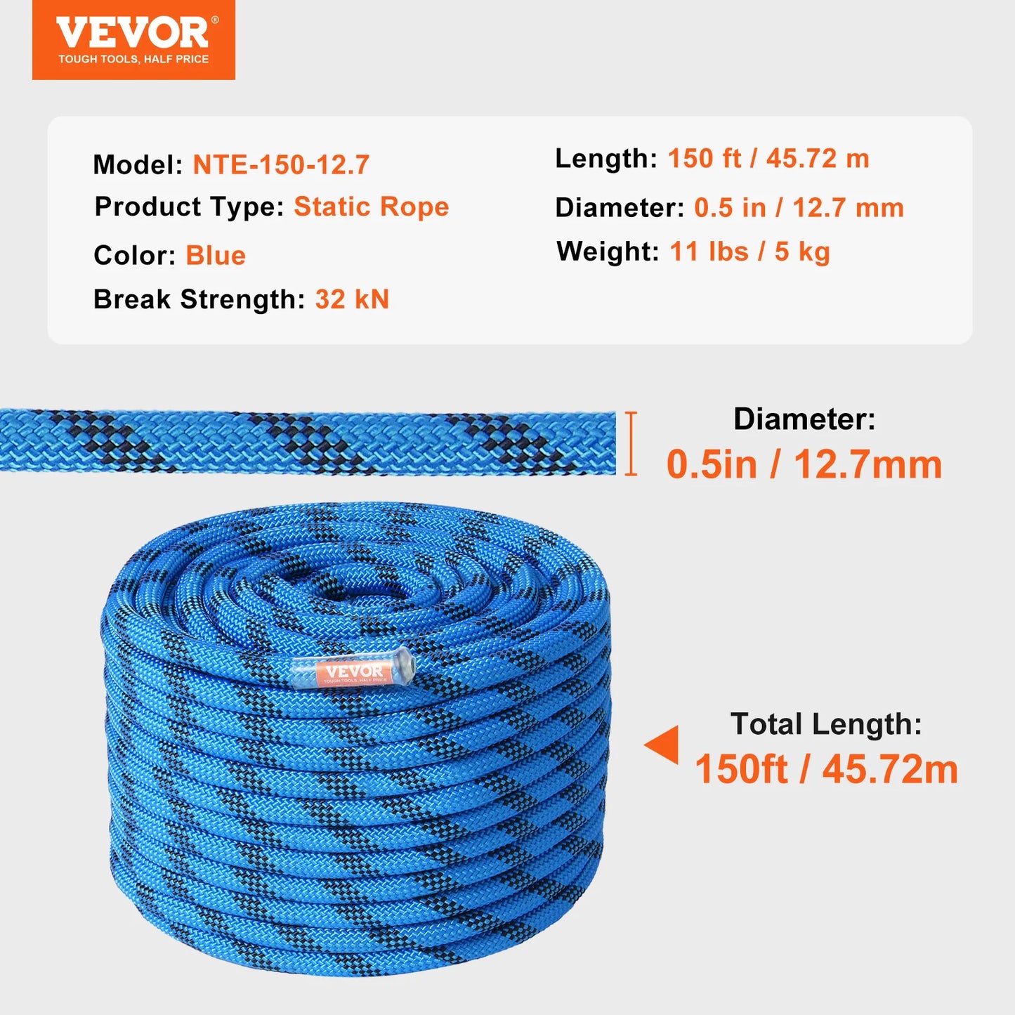 VEVOR Static Climbing Rope 30kN Breaking Strength Steel Snap Hooks