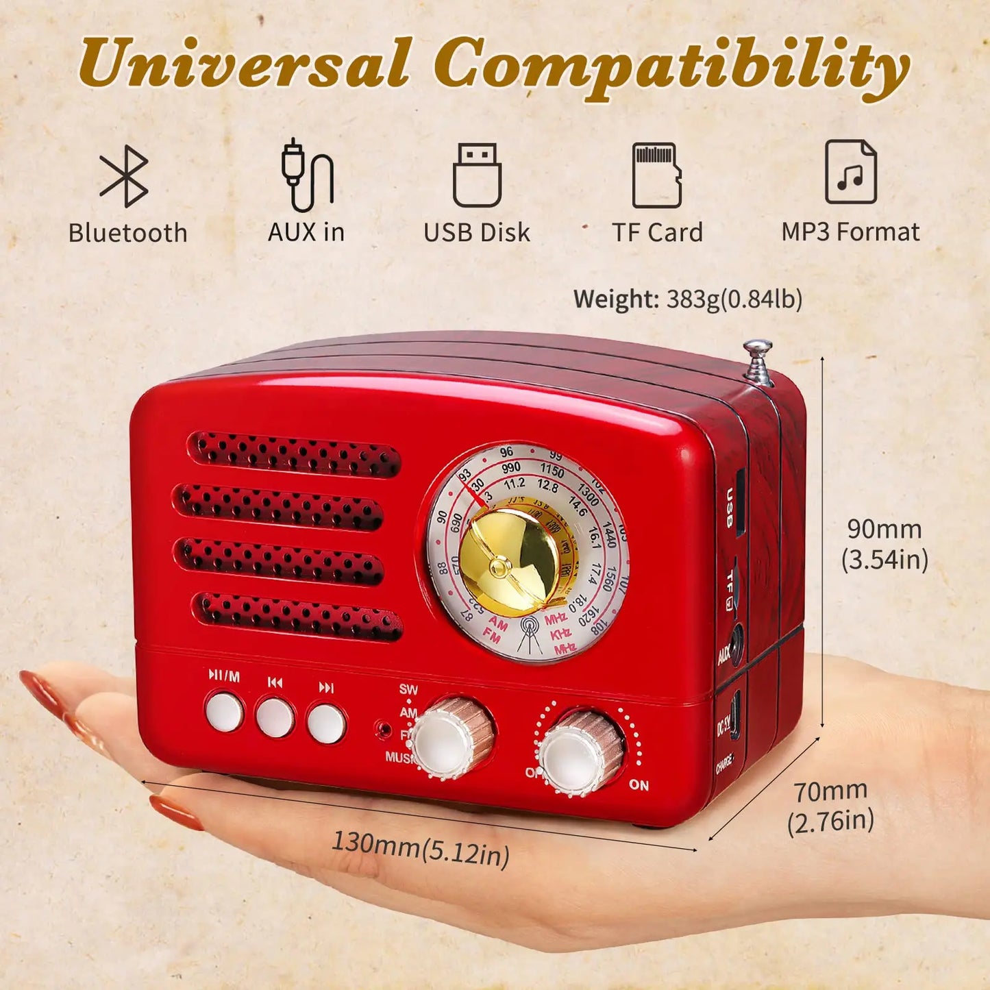 PRUNU Retro Portable AM FM Transistor Radio USB MP3