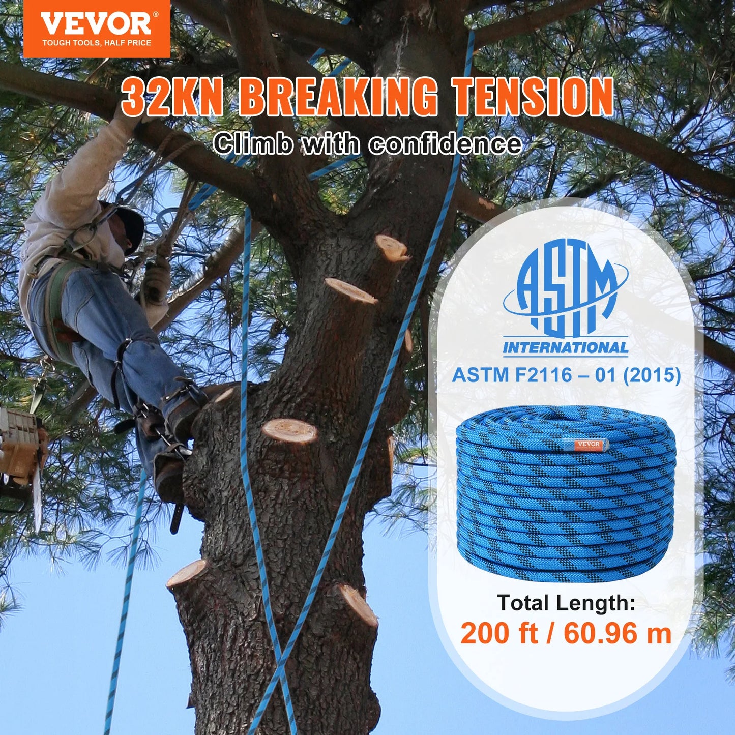 VEVOR Static Climbing Rope 30kN Breaking Strength Steel Snap Hooks