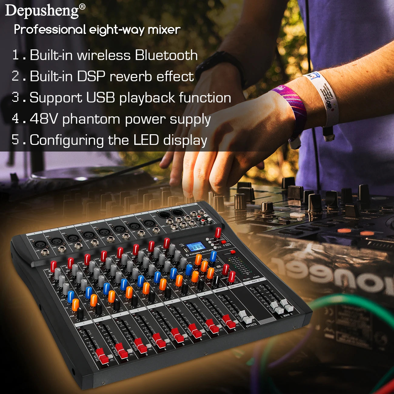 DEPUSHENG 6/8/12 Channel Professional Audio Mixer USB MP3 DJ Console