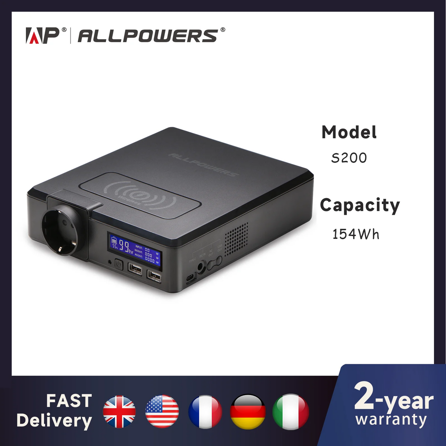 ALLPOWERS Solar Power Bank 154Wh 41600mAh Portable Power Station 200W